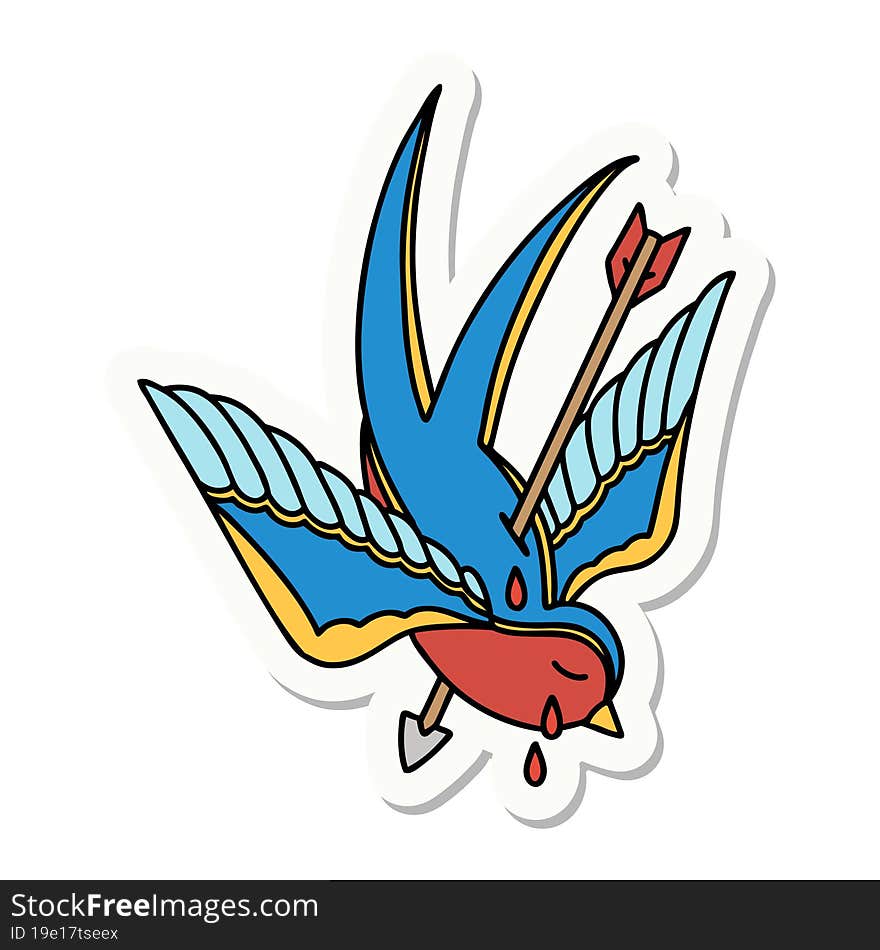 tattoo style sticker of a swallow pierced by arrow