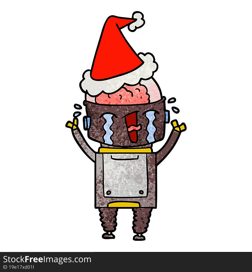 textured cartoon of a crying robot wearing santa hat