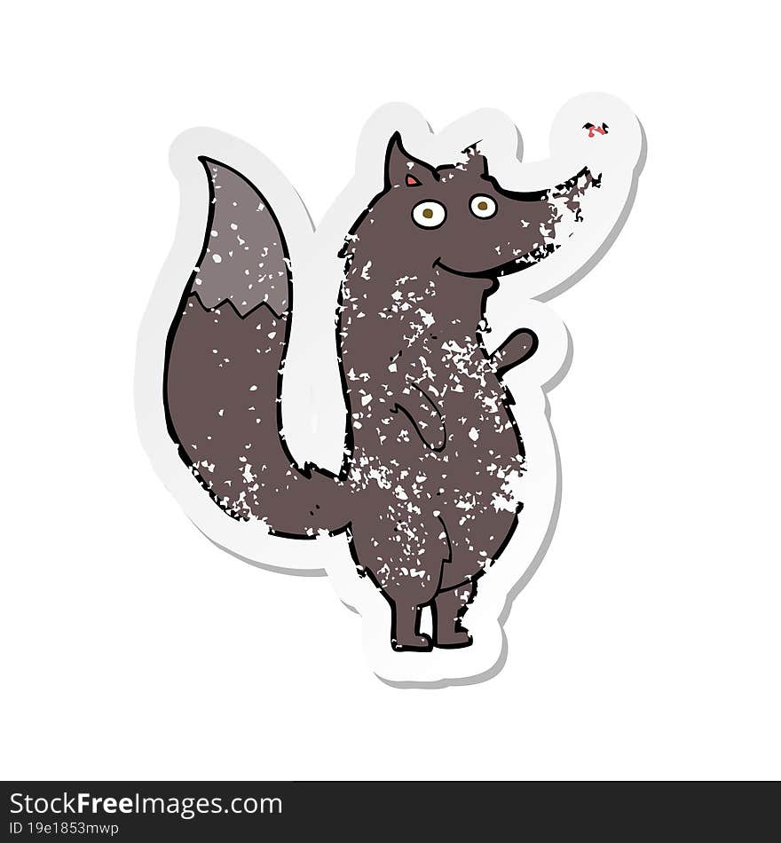 retro distressed sticker of a cartoon waving wolf