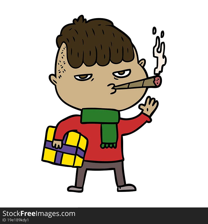 cartoon man smoking carrying christmas gift. cartoon man smoking carrying christmas gift