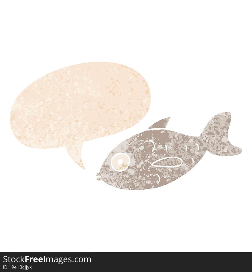 cartoon fish and speech bubble in retro textured style