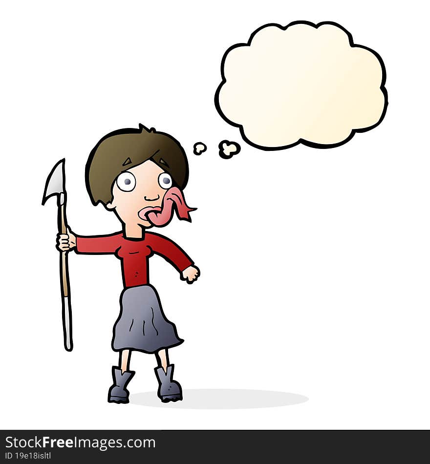 cartoon woman with spear sticking out tongue with thought bubble