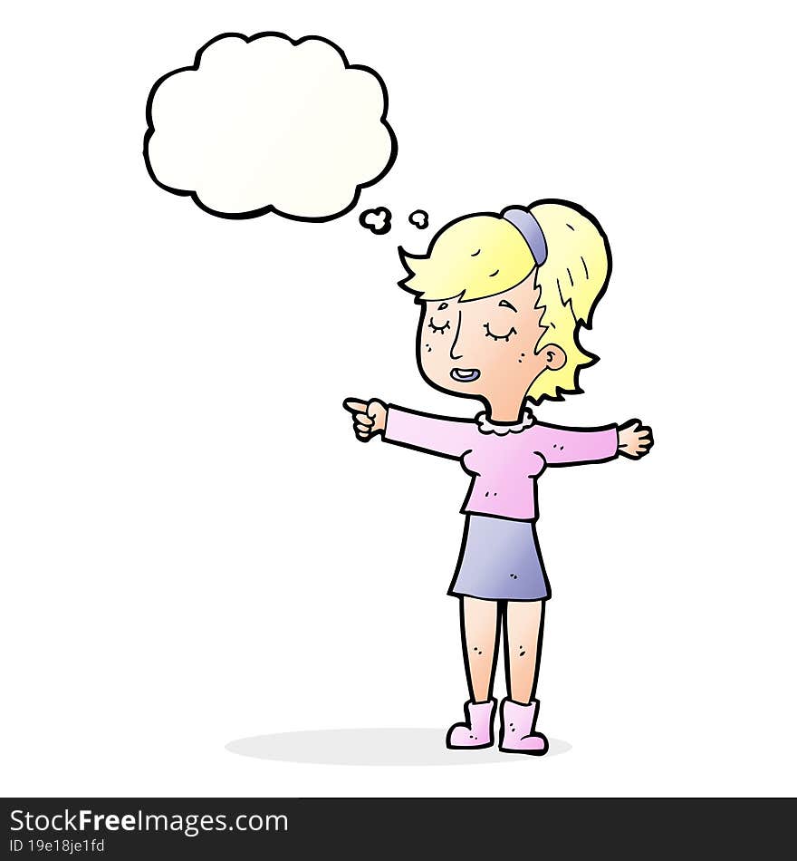 cartoon happy woman pointing with thought bubble