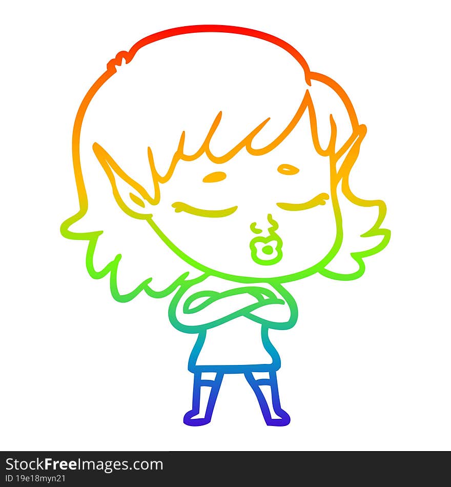 rainbow gradient line drawing of a pretty cartoon elf girl