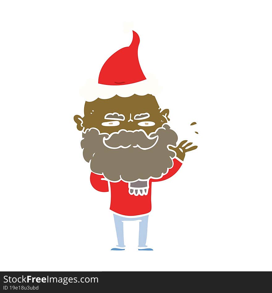 Flat Color Illustration Of A Dismissive Man With Beard Frowning Wearing Santa Hat