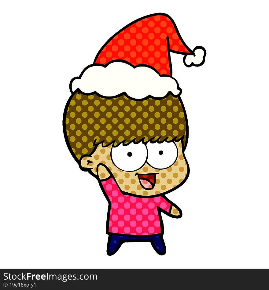 happy comic book style illustration of a boy waving wearing santa hat