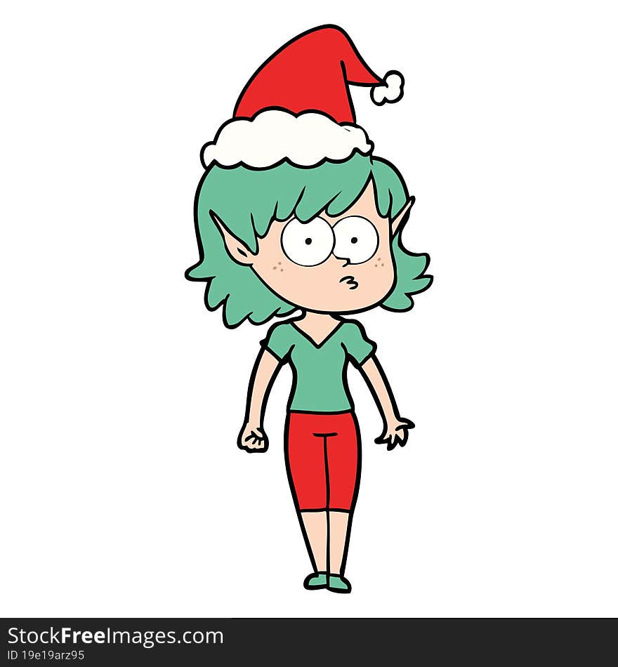 line drawing of a elf girl staring wearing santa hat