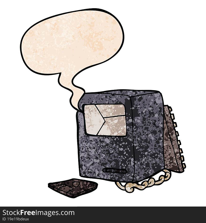 cartoon broken old computer with speech bubble in retro texture style