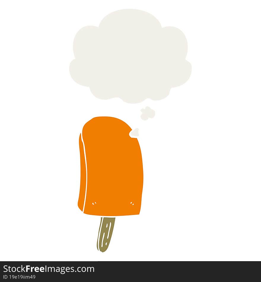 cartoon ice lolly with thought bubble in retro style