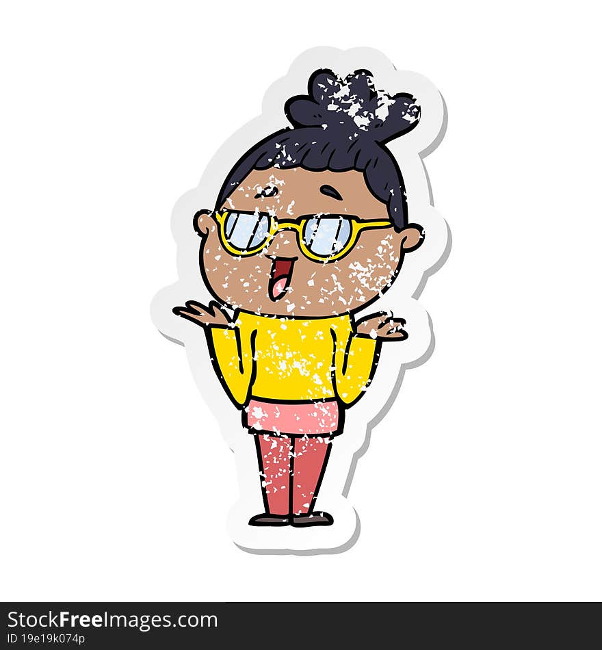 distressed sticker of a cartoon happy woman wearing spectacles