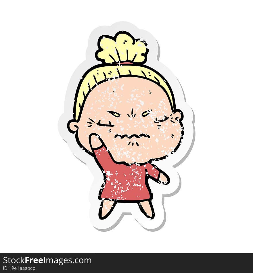 Distressed Sticker Of A Cartoon Annoyed Old Lady