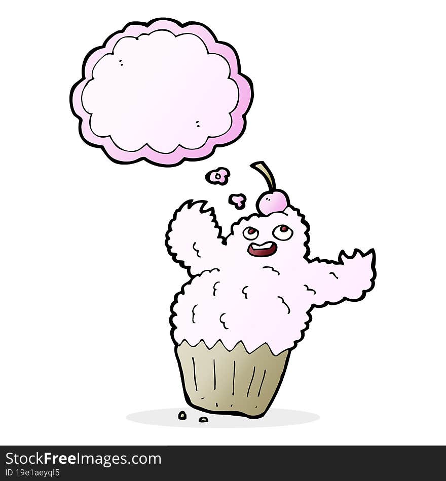 cartoon cupcake monster with thought bubble