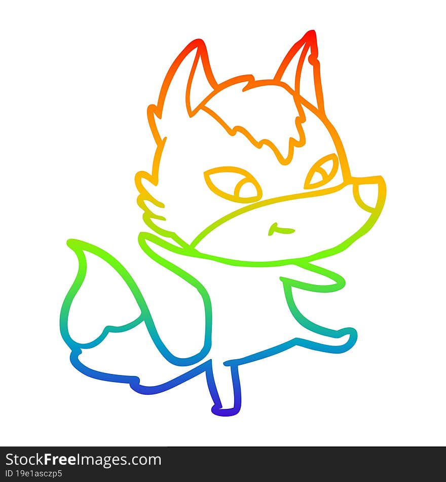 rainbow gradient line drawing of a friendly cartoon wolf dancing