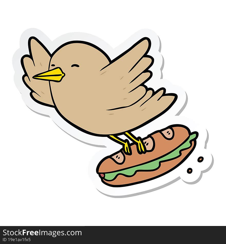 Sticker Of A Cartoon Bird Stealing Sandwich