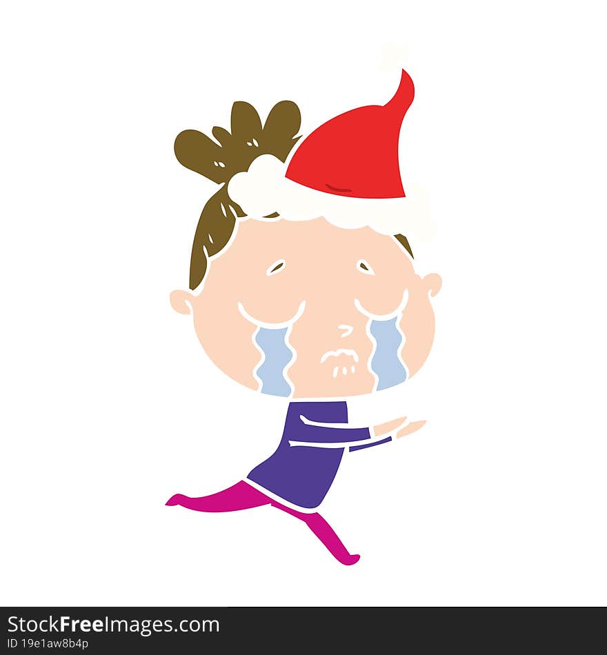 flat color illustration of a crying woman wearing santa hat