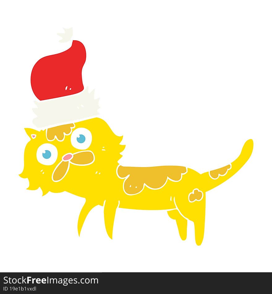 flat color illustration of cat wearing christmas hat. flat color illustration of cat wearing christmas hat