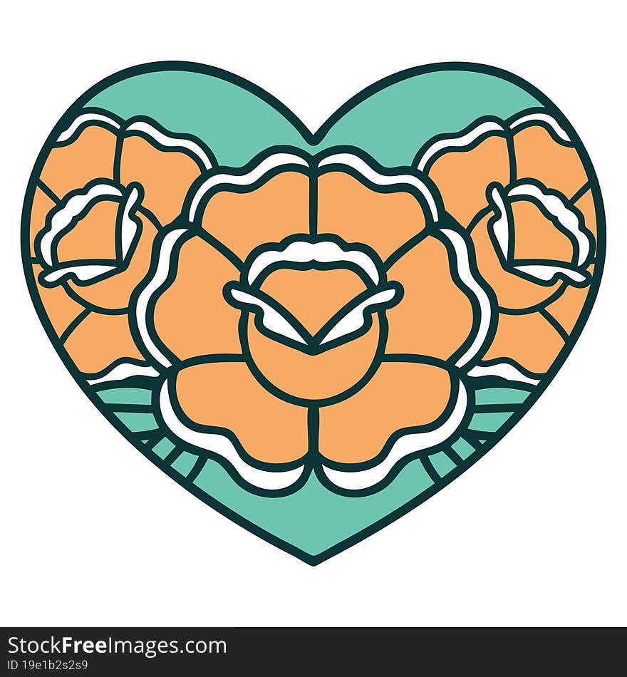 iconic tattoo style image of a heart and flowers. iconic tattoo style image of a heart and flowers