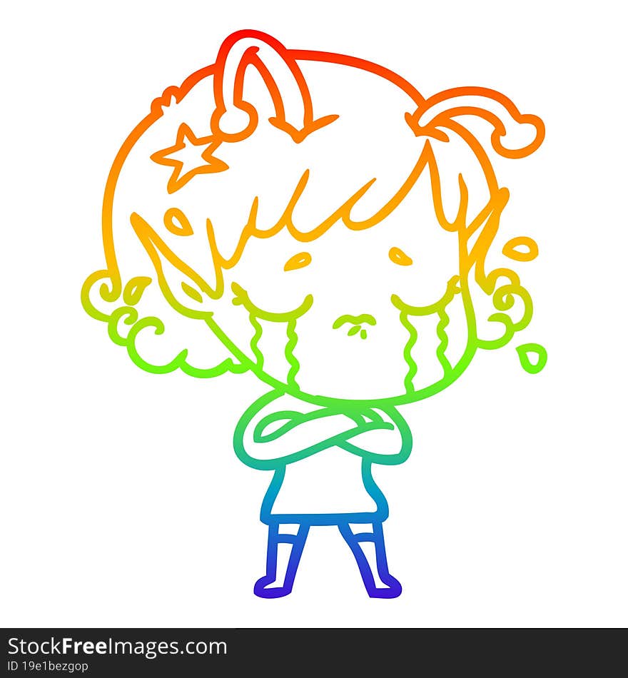 Rainbow Gradient Line Drawing Cartoon Crying Alien Girl