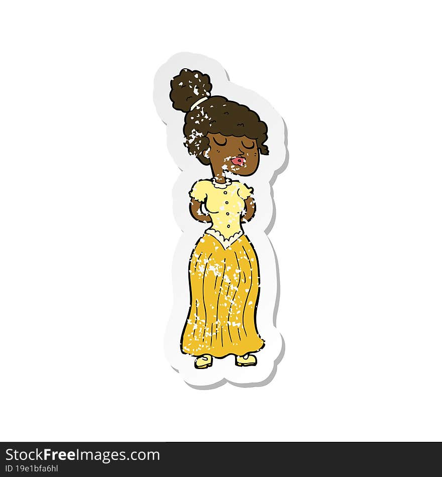 retro distressed sticker of a cartoon pretty victorian woman