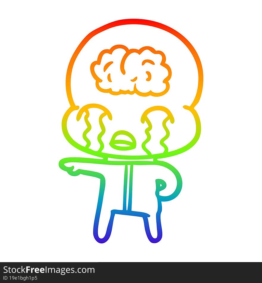 rainbow gradient line drawing of a cartoon big brain alien crying