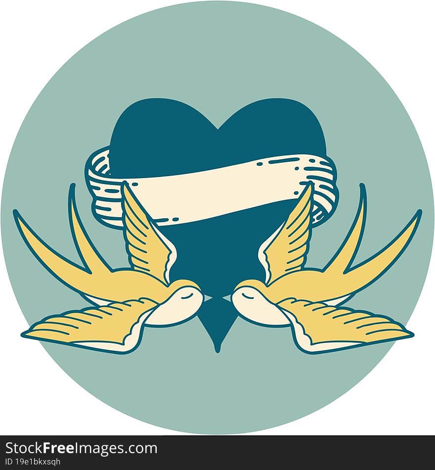 iconic tattoo style image of swallows and a heart with banner. iconic tattoo style image of swallows and a heart with banner