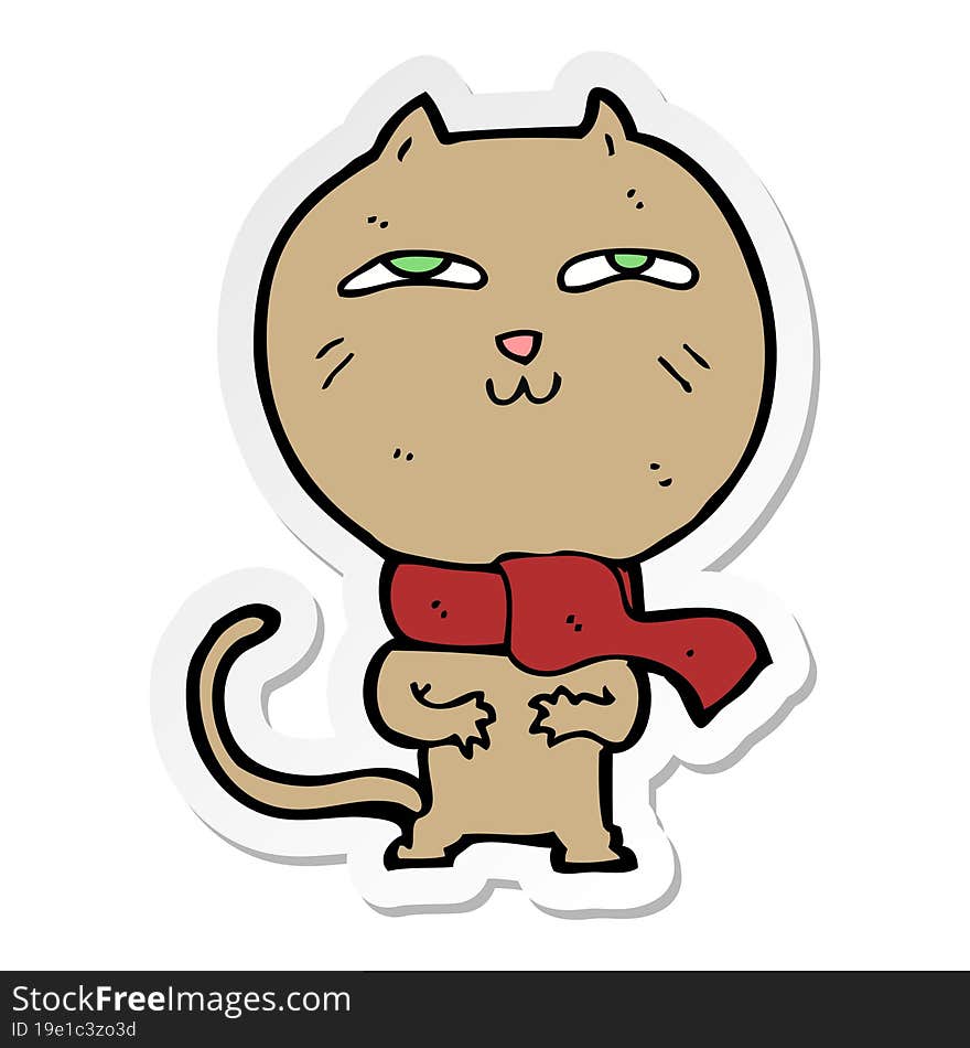 Sticker Of A Cartoon Funny Cat Wearing Scarf