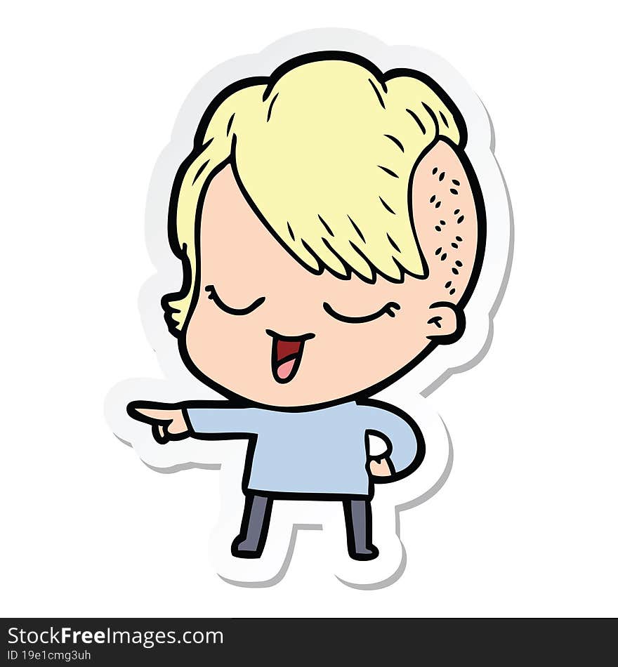 sticker of a happy cartoon girl pointing