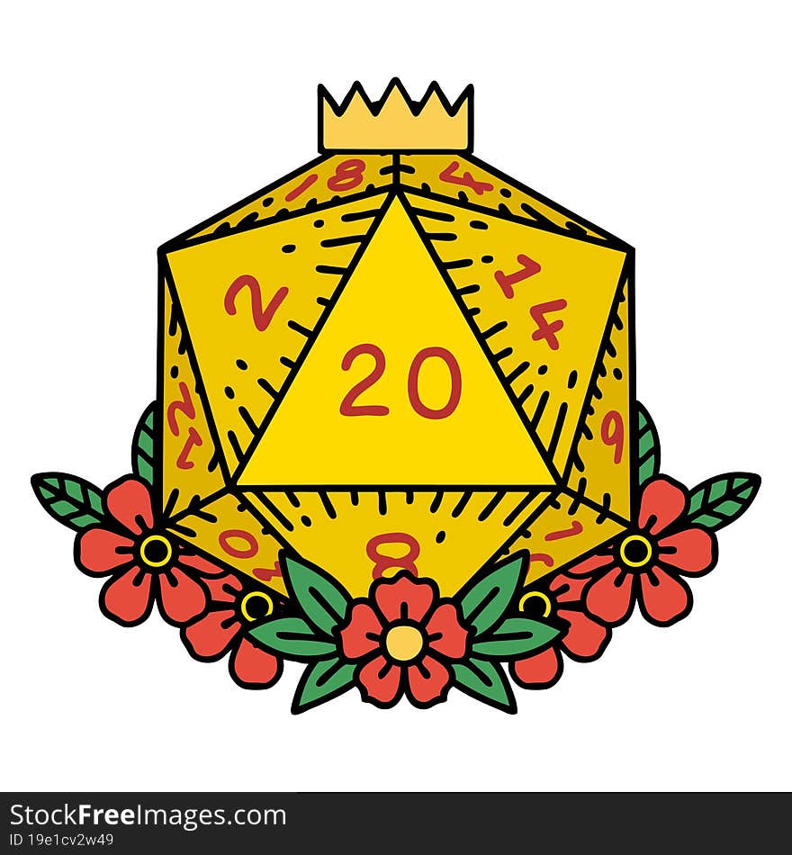 Natural 20 D20 Dice Roll With Floral Elements Illustration