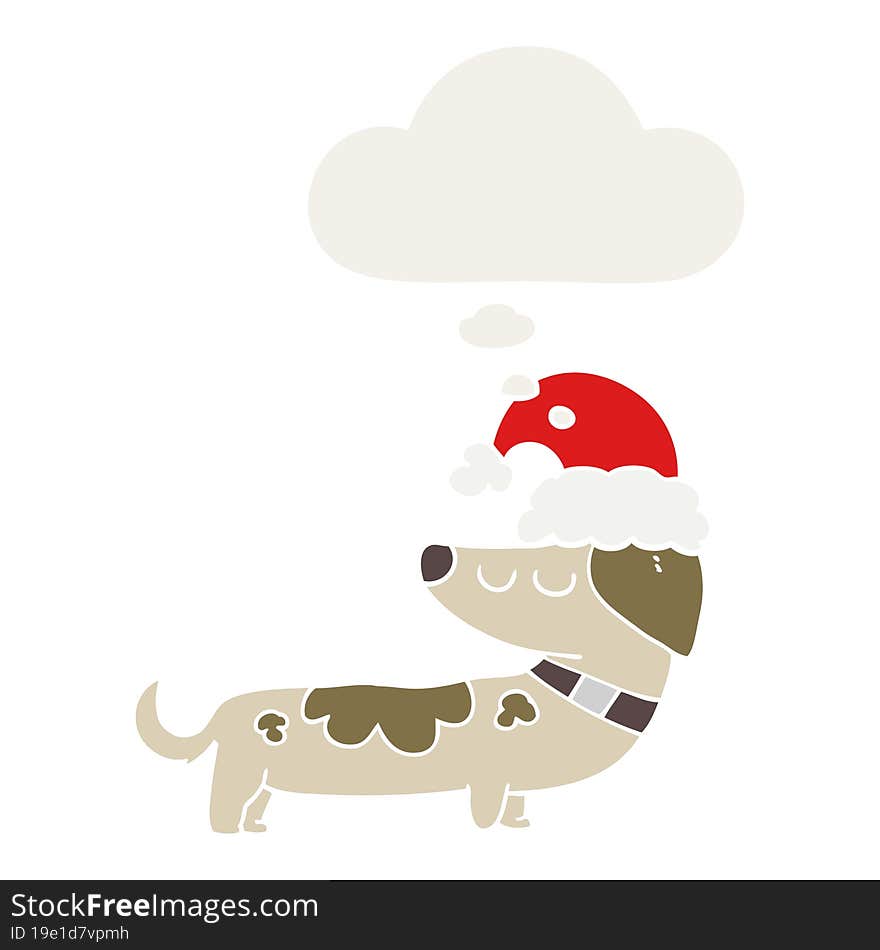 cartoon dog wearing christmas hat and thought bubble in retro style