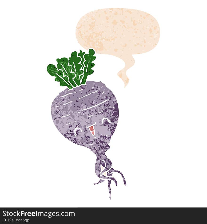 cartoon turnip and speech bubble in retro textured style