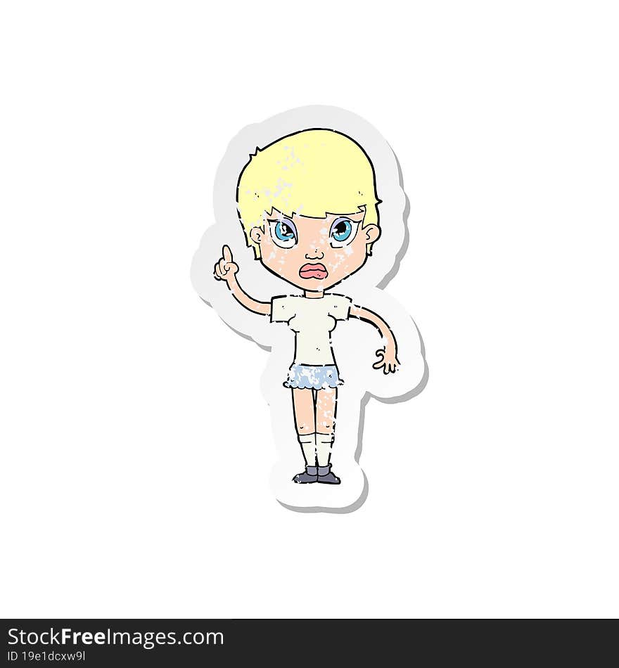 retro distressed sticker of a cartoon girl with idea