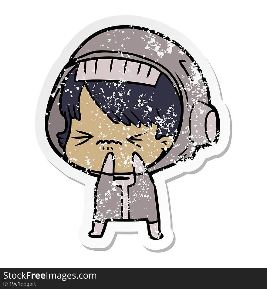 distressed sticker of a angry cartoon space girl