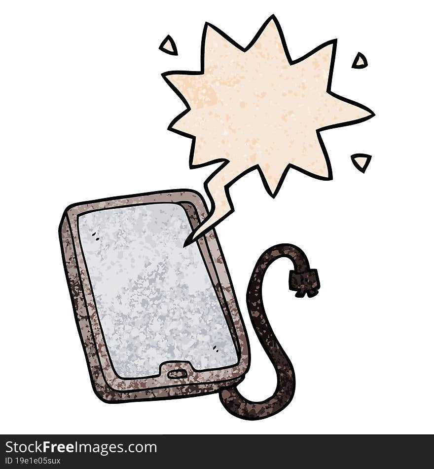 cartoon computer tablet with speech bubble in retro texture style