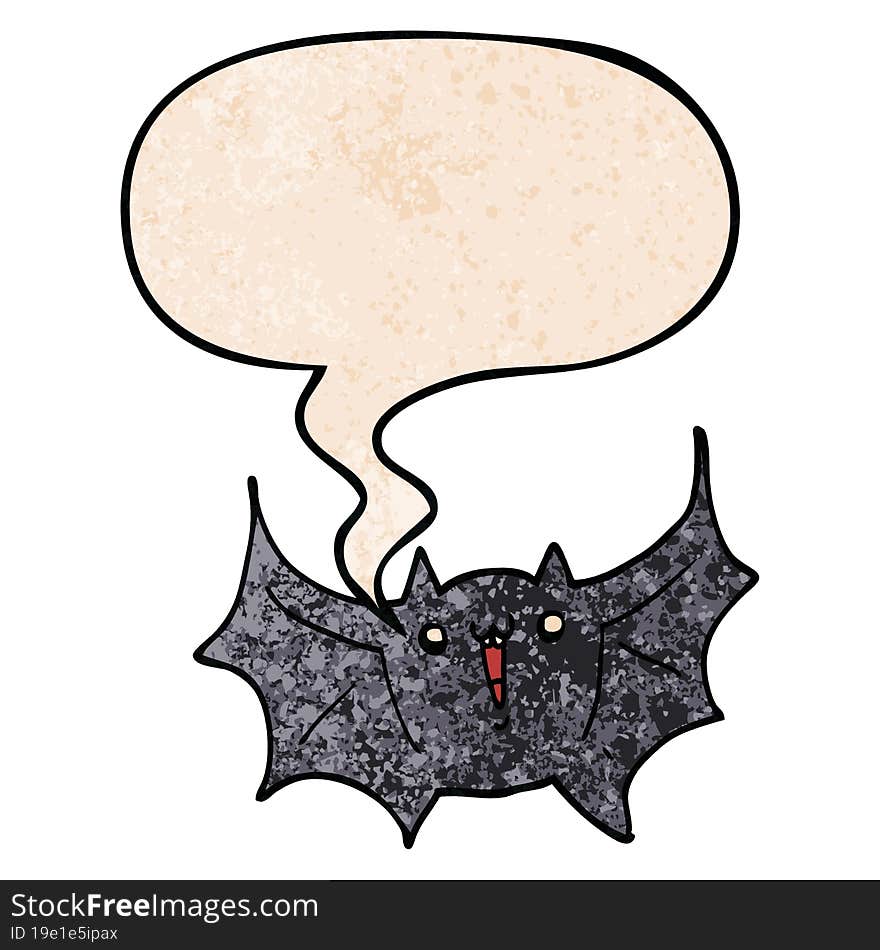 cartoon happy vampire bat and speech bubble in retro texture style