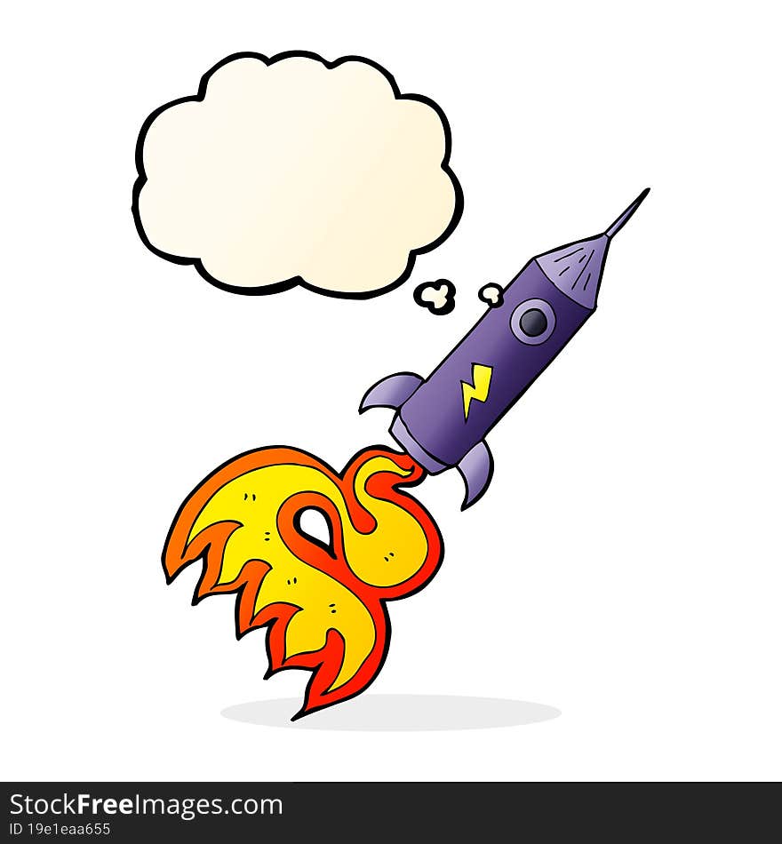 cartoon space rocket with thought bubble