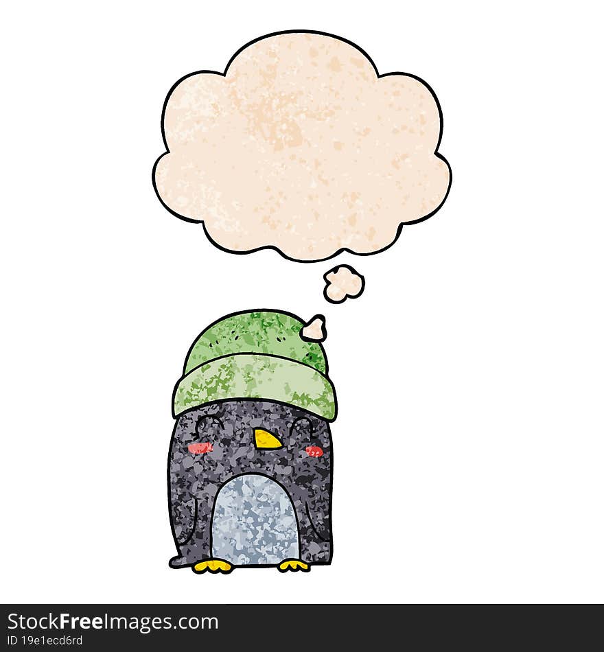 cute cartoon penguin and thought bubble in grunge texture pattern style