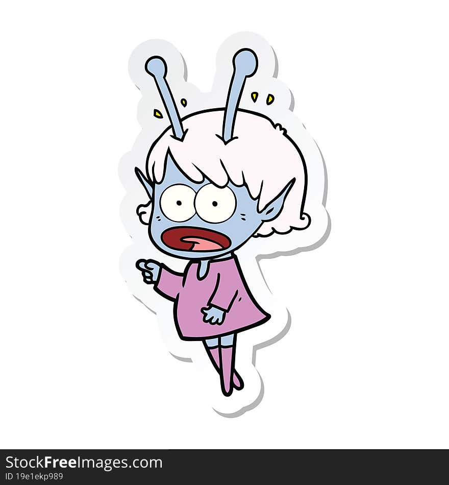 sticker of a cartoon shocked alien girl