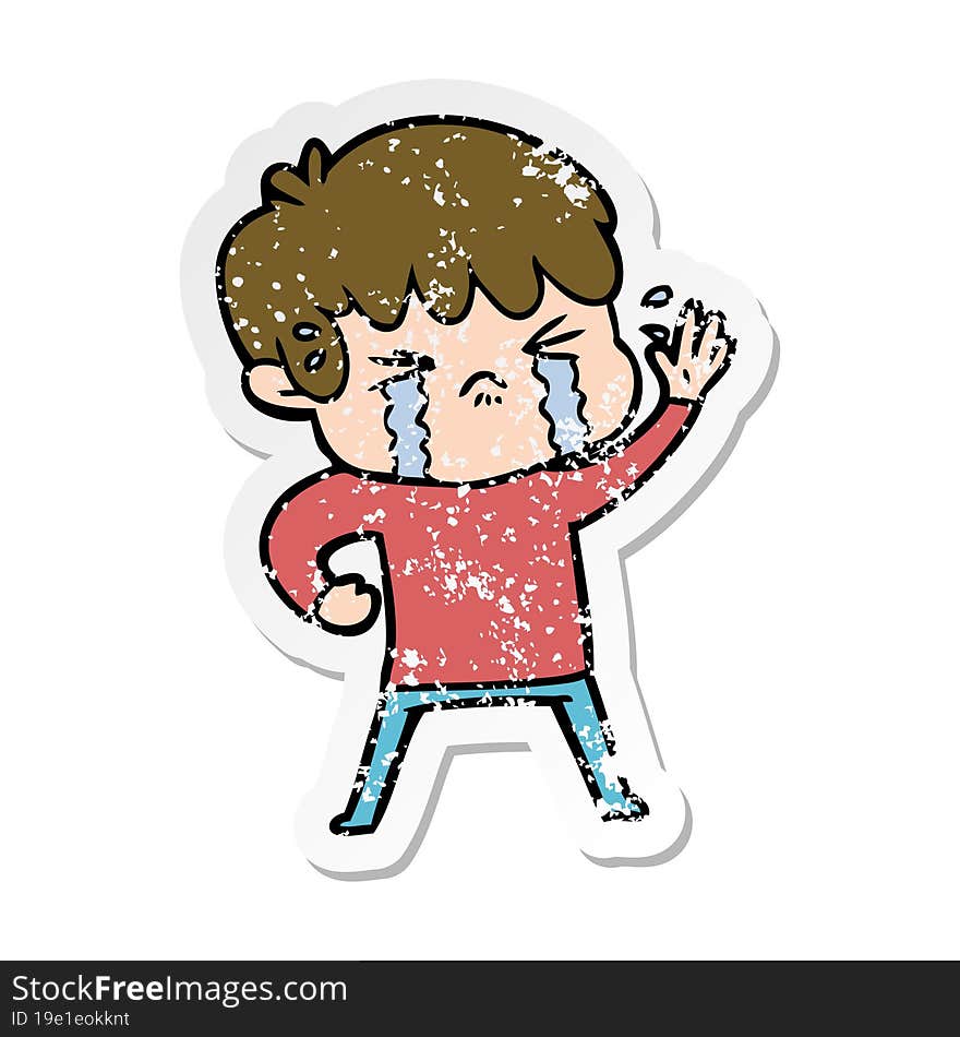 Distressed Sticker Of A Cartoon Boy Crying