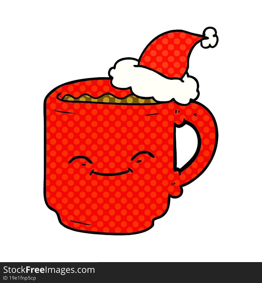 comic book style illustration of a coffee mug wearing santa hat