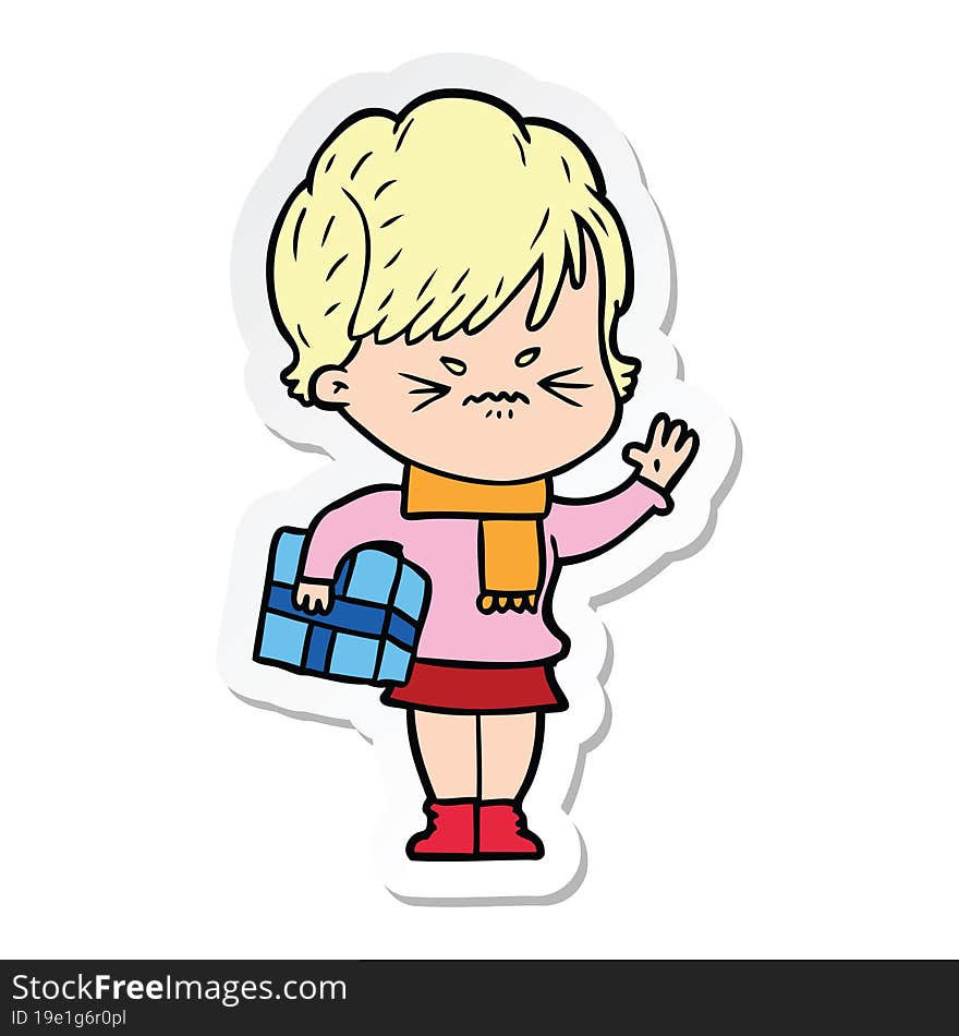 sticker of a cartoon frustrated woman