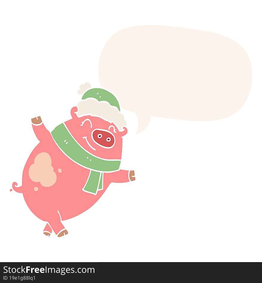 cartoon pig wearing christmas hat and speech bubble in retro style