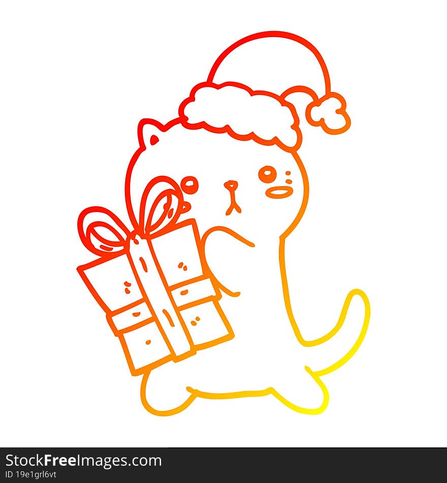 warm gradient line drawing cute cartoon cat carrying christmas present