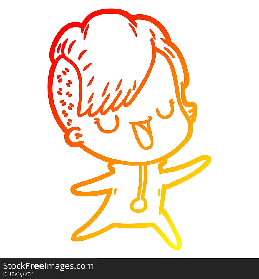 warm gradient line drawing of a cute cartoon girl with hipster haircut