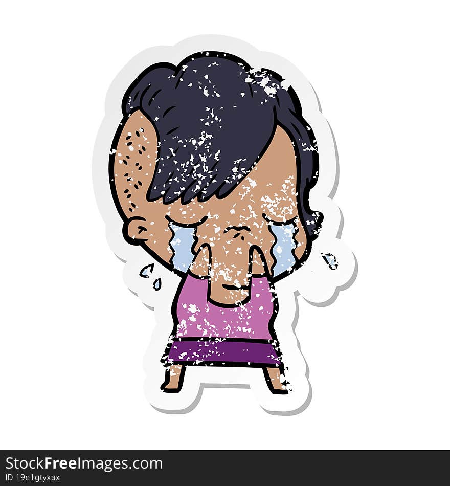 distressed sticker of a cartoon crying girl