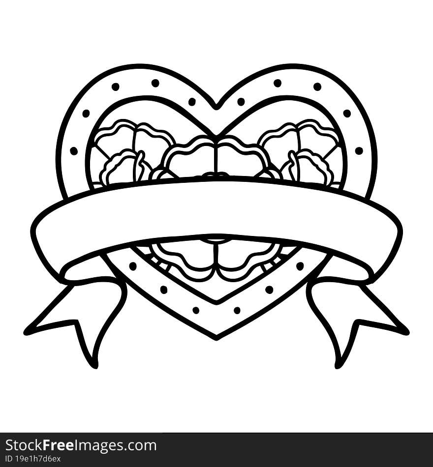 tattoo in black line style of a heart and banner with flowers. tattoo in black line style of a heart and banner with flowers