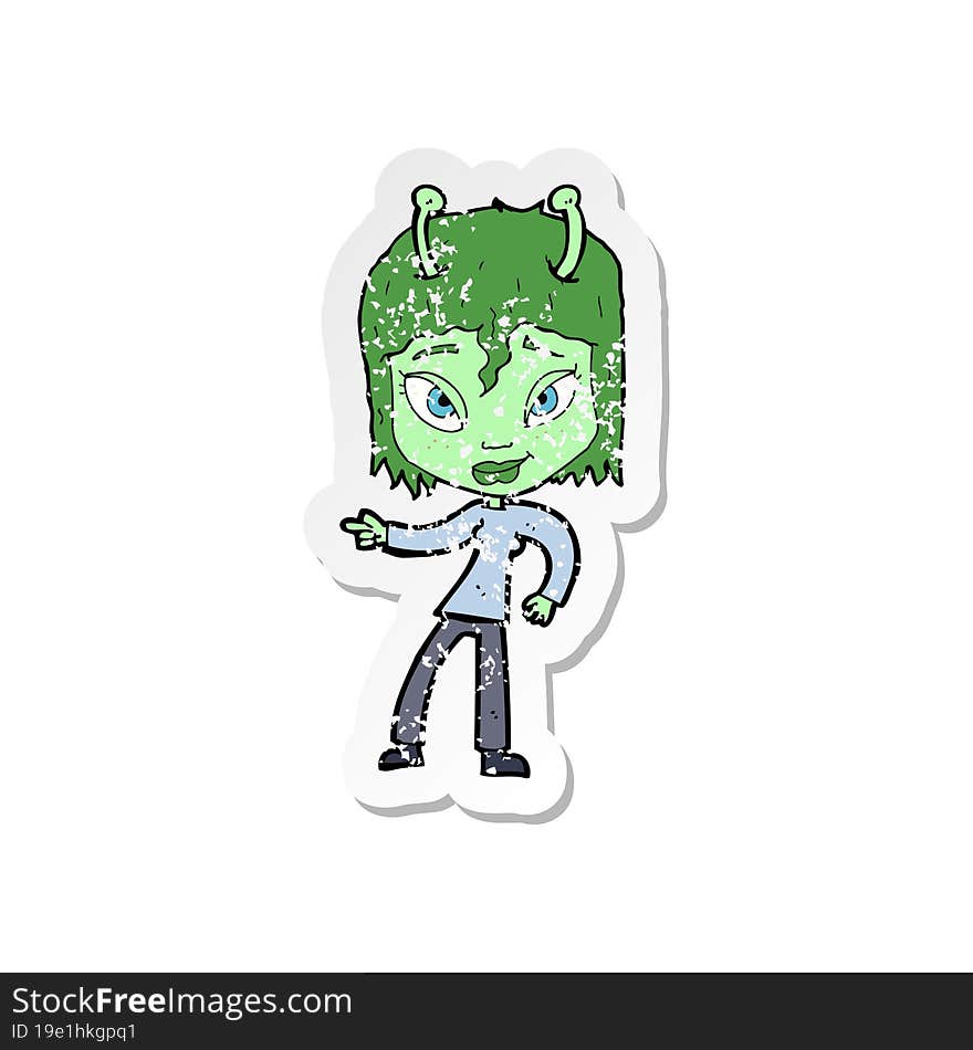 retro distressed sticker of a cartoon alien woman