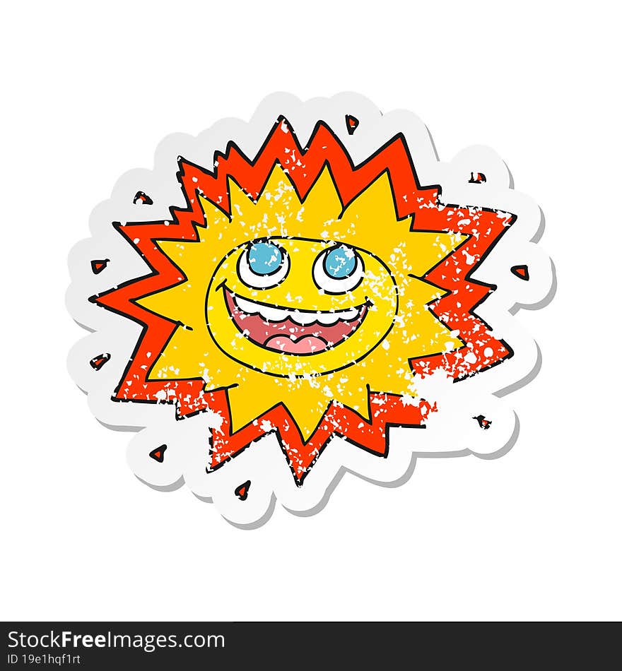 retro distressed sticker of a happy cartoon sun