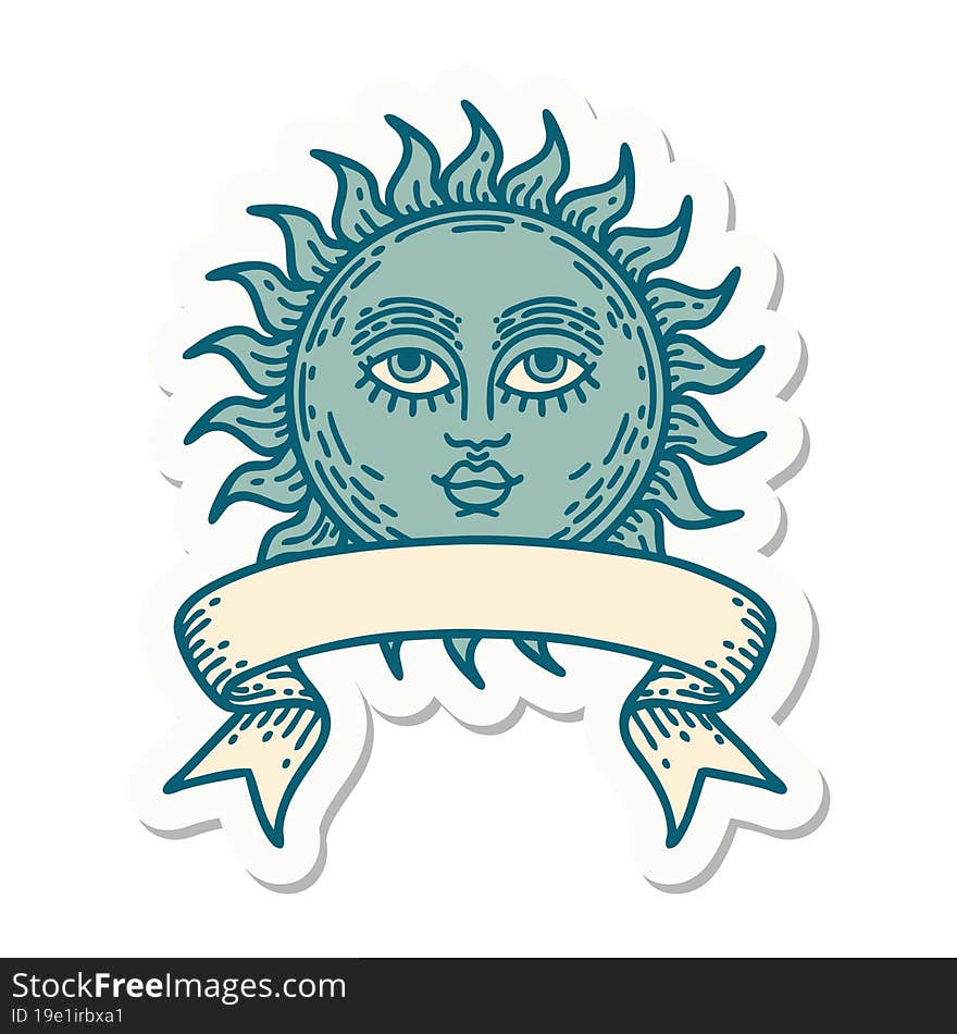 tattoo sticker with banner of a sun with face