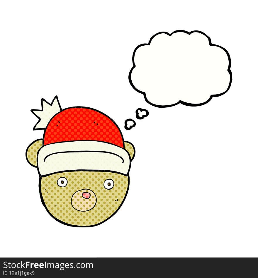 freehand drawn thought bubble cartoon teddy bear wearing christmas hat