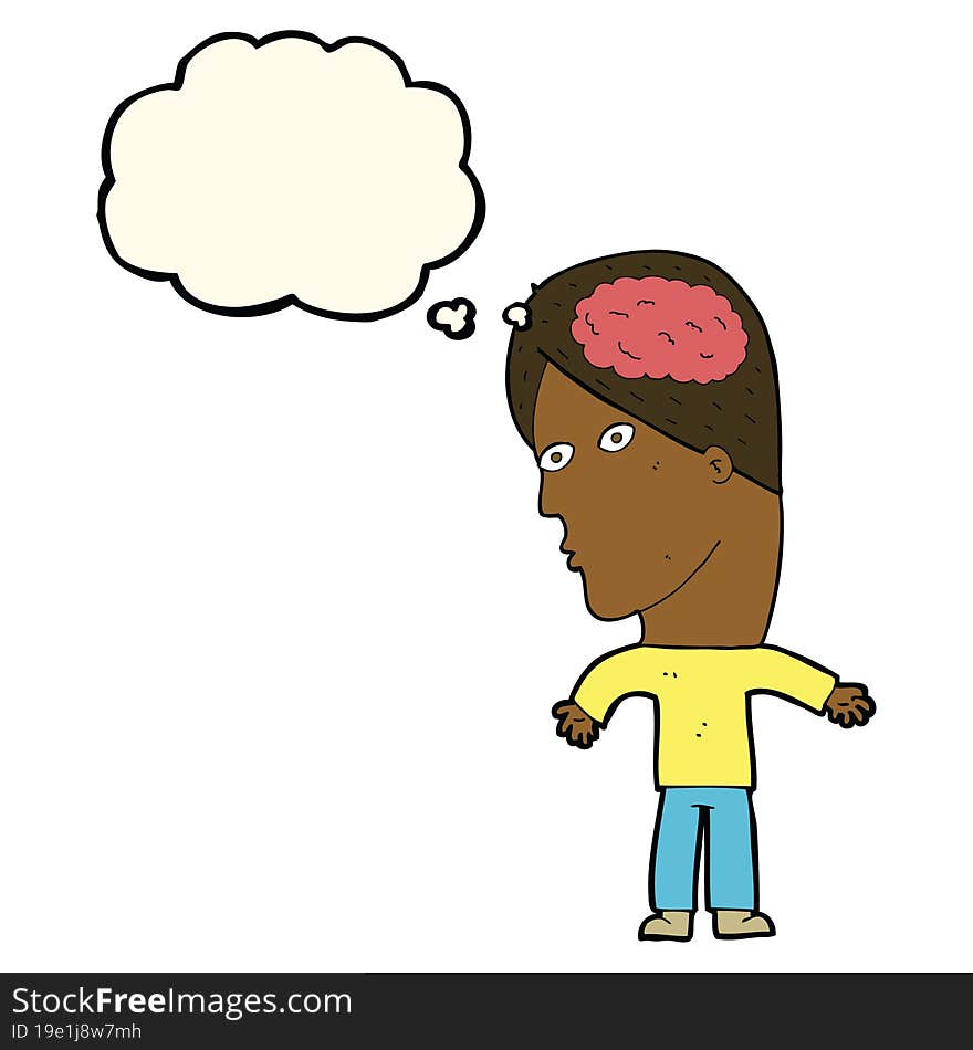 cartoon man with brain symbol with thought bubble